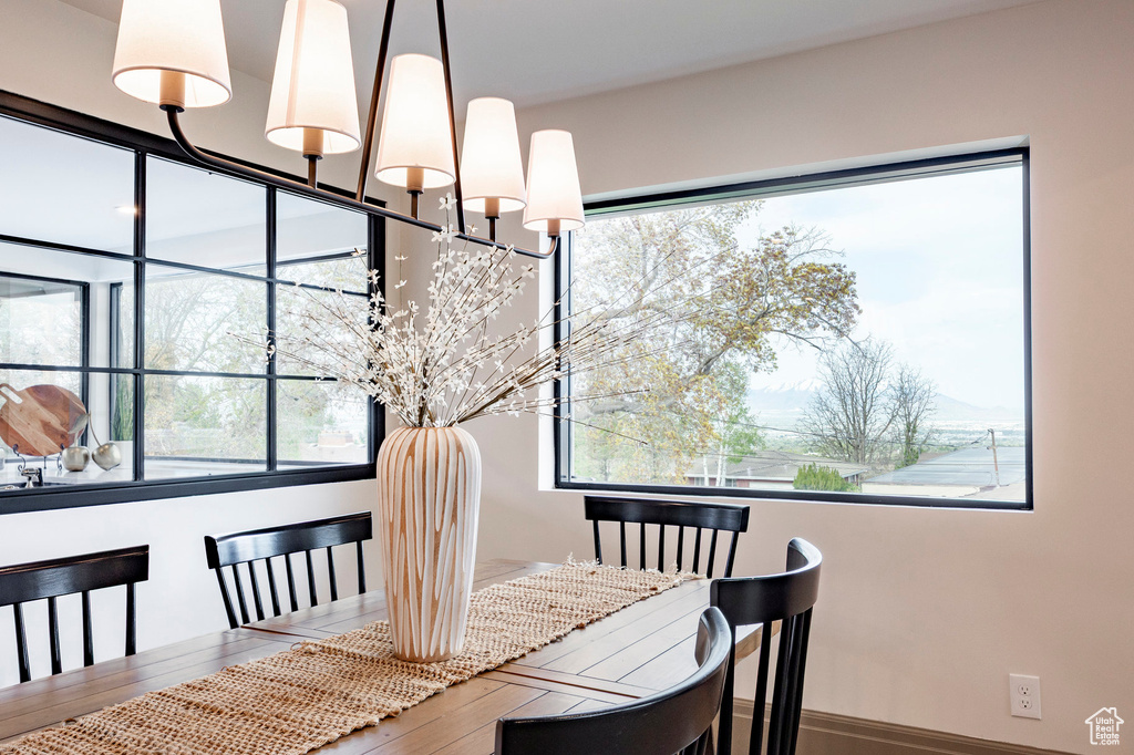 Dining room with a chandelier