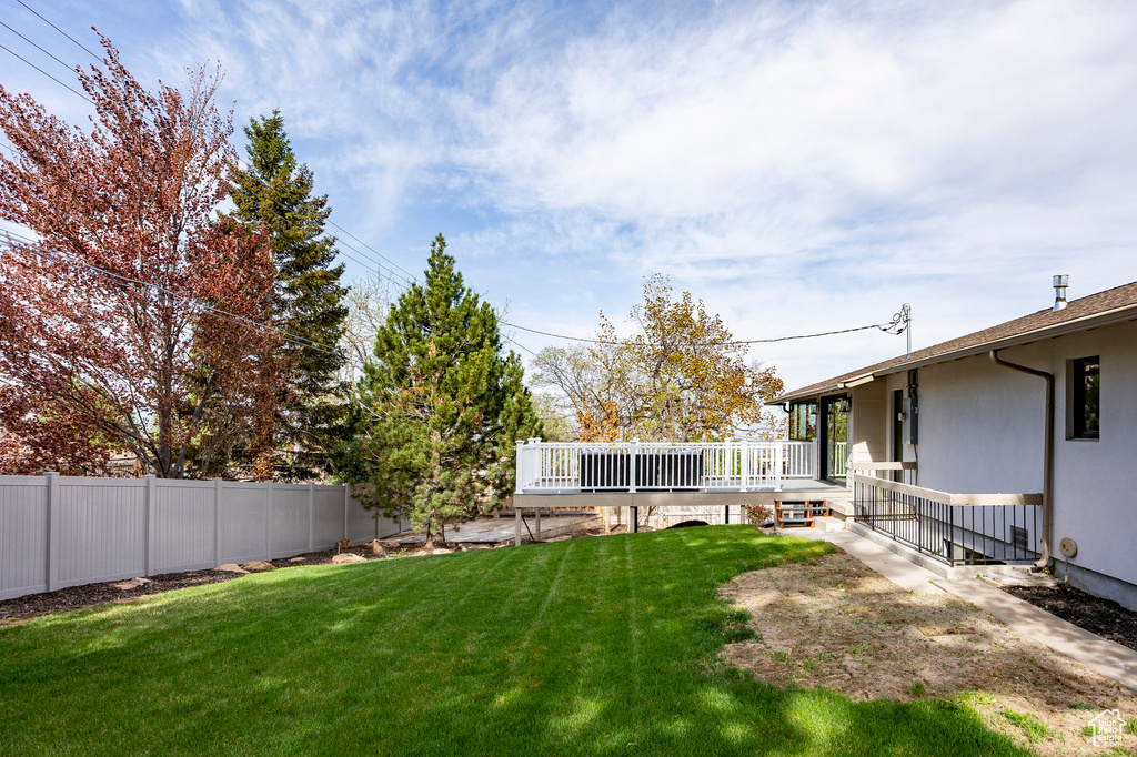 View of yard featuring a deck and fence