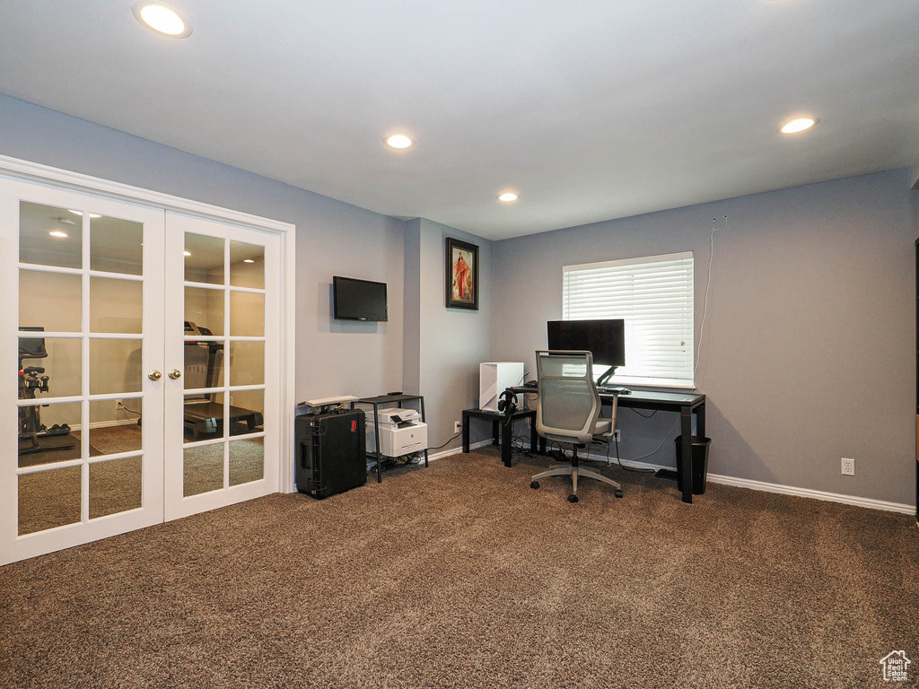 Carpeted home office with french doors, recessed lighting, and baseboards