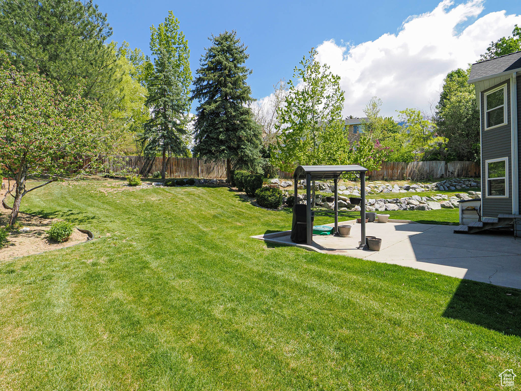 View of yard with a fenced backyard and a patio area