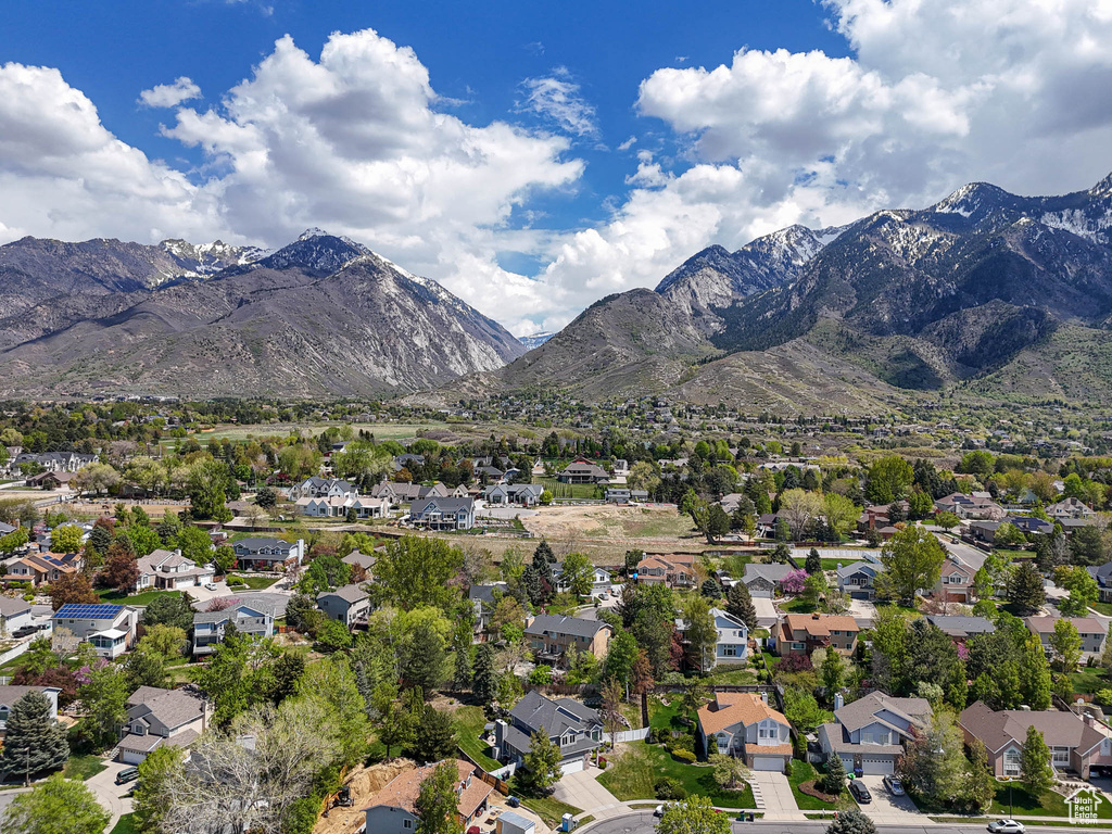 Aerial view featuring a residential view and a mountain view