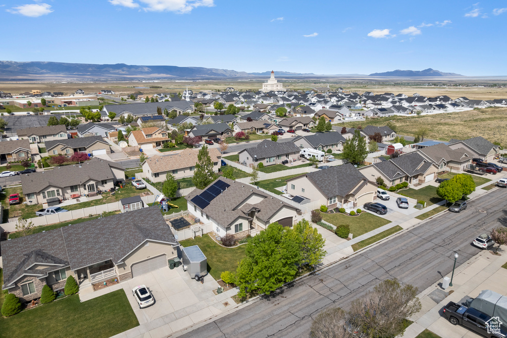 Birds eye view of property with a mountain view and a residential view