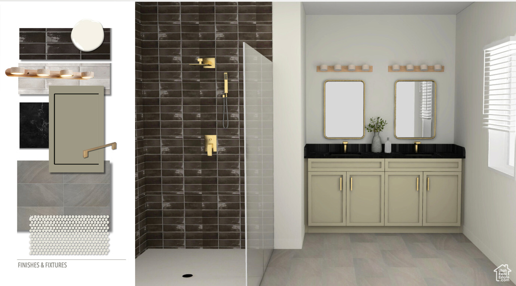 Full bathroom with double vanity, tiled shower, and a sink