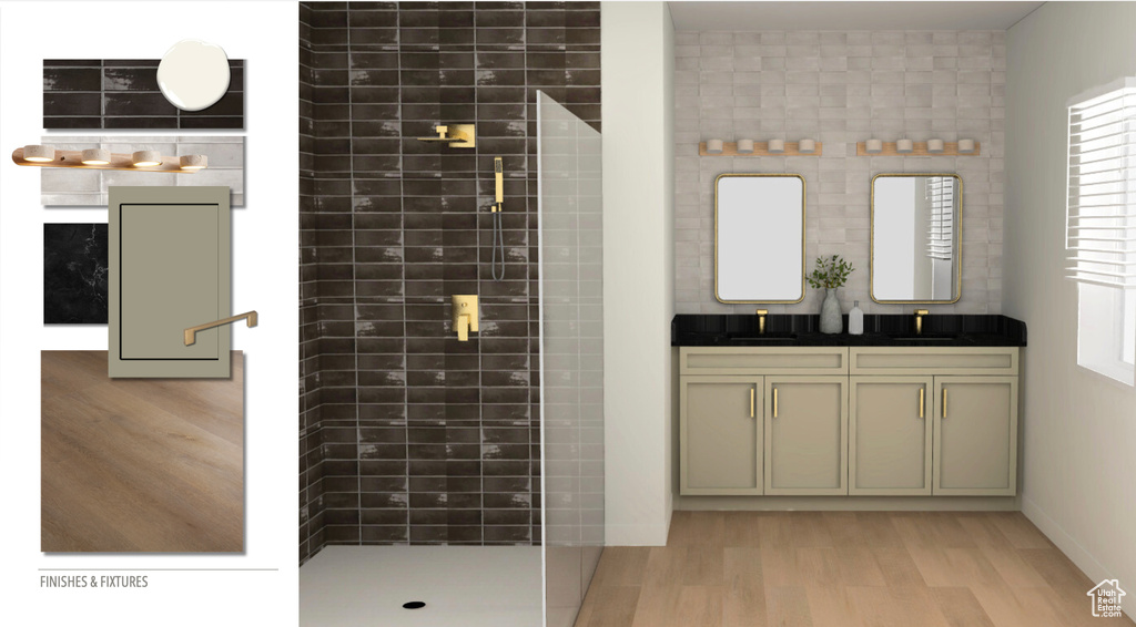 Full bath with a sink, double vanity, a tile shower, and wood finished floors