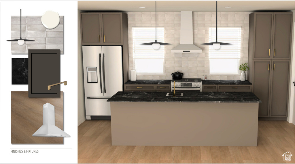 Kitchen with dark stone counters, backsplash, wall chimney exhaust hood, and fridge with ice dispenser