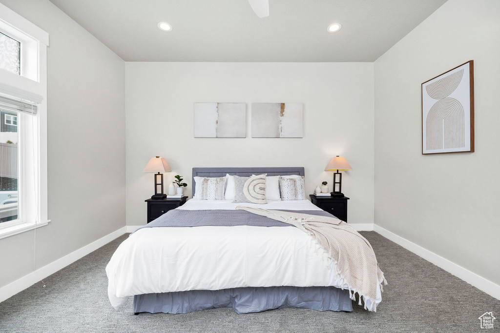 Bedroom with carpet floors, recessed lighting, and baseboards