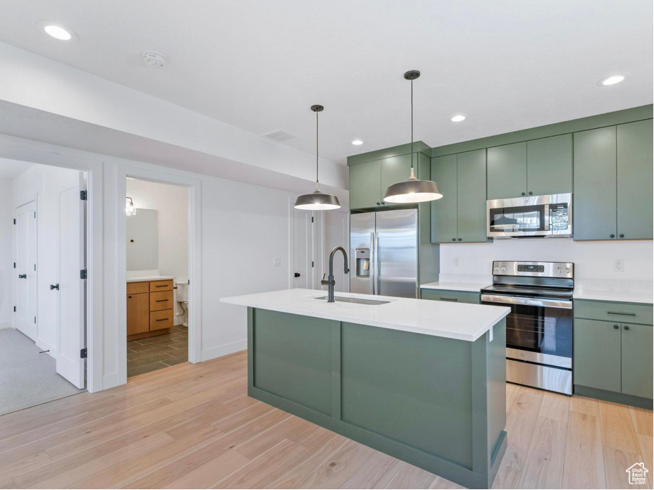 Kitchen with light wood-style floors, a sink, appliances with stainless steel finishes, and green cabinets