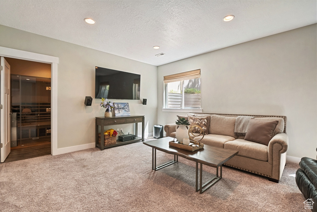 Living room featuring carpet floors, a textured ceiling, baseboards, and recessed lighting