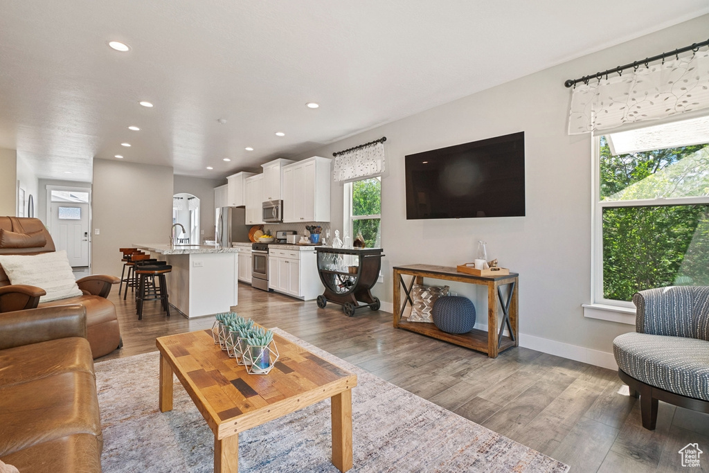 Living room with recessed lighting, baseboards, and wood finished floors