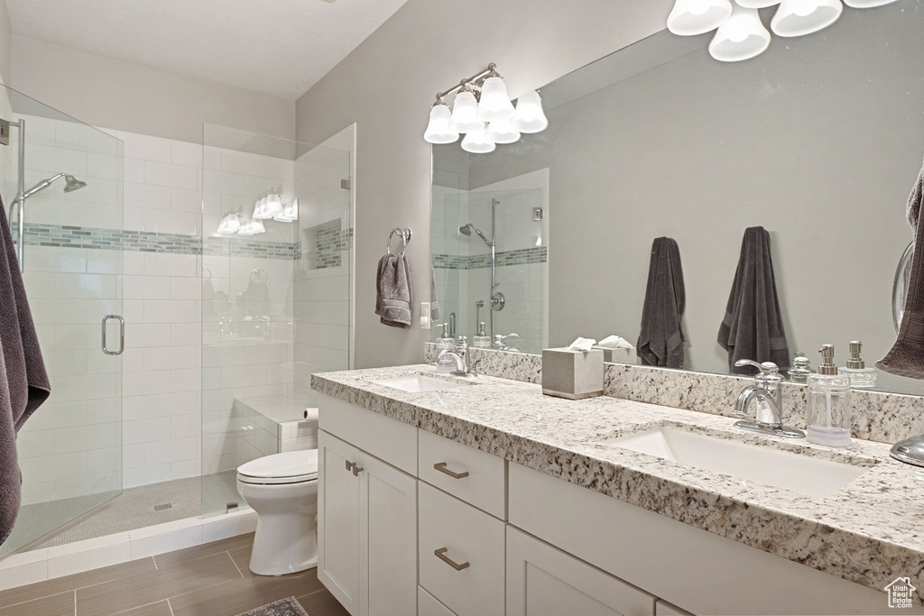 Full bathroom with a sink, a stall shower, and toilet
