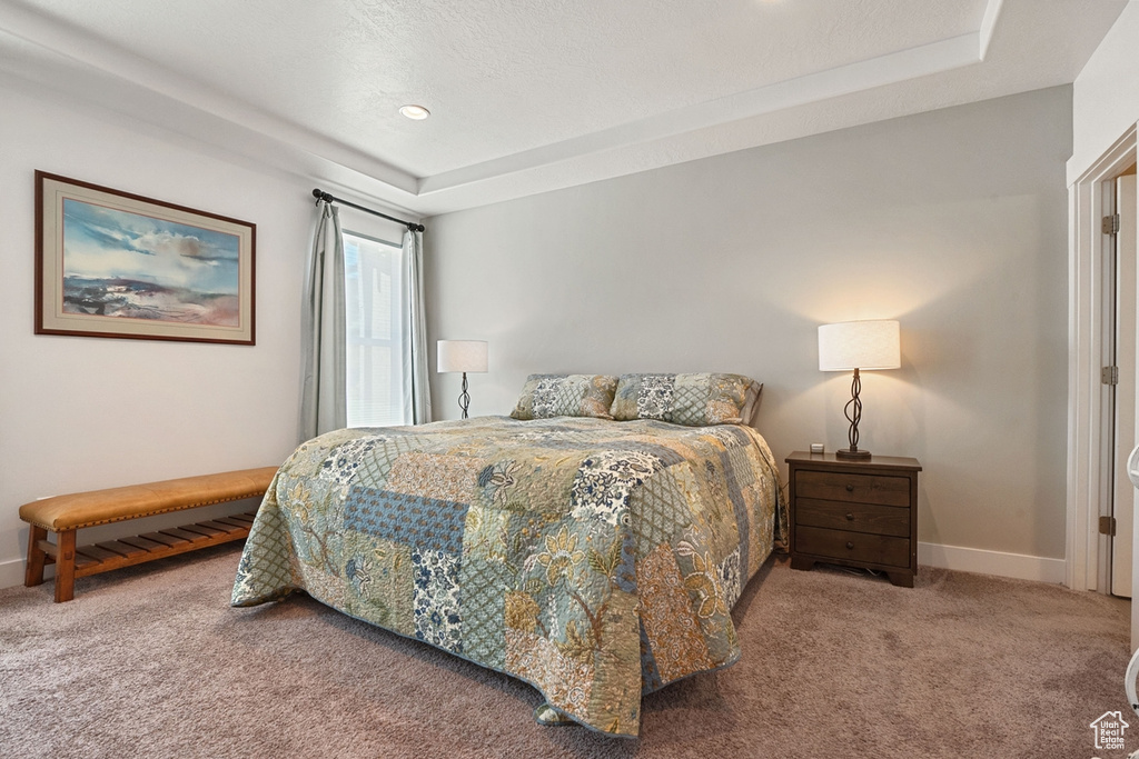 Carpeted bedroom with baseboards, a tray ceiling, and recessed lighting