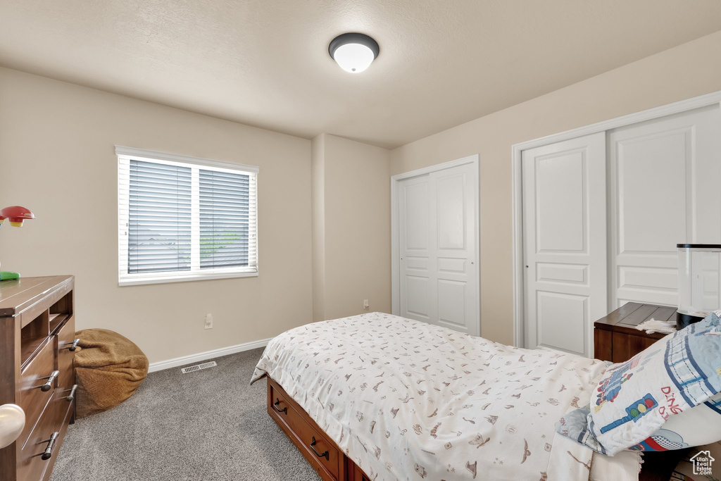Carpeted bedroom with baseboards, multiple closets, and visible vents