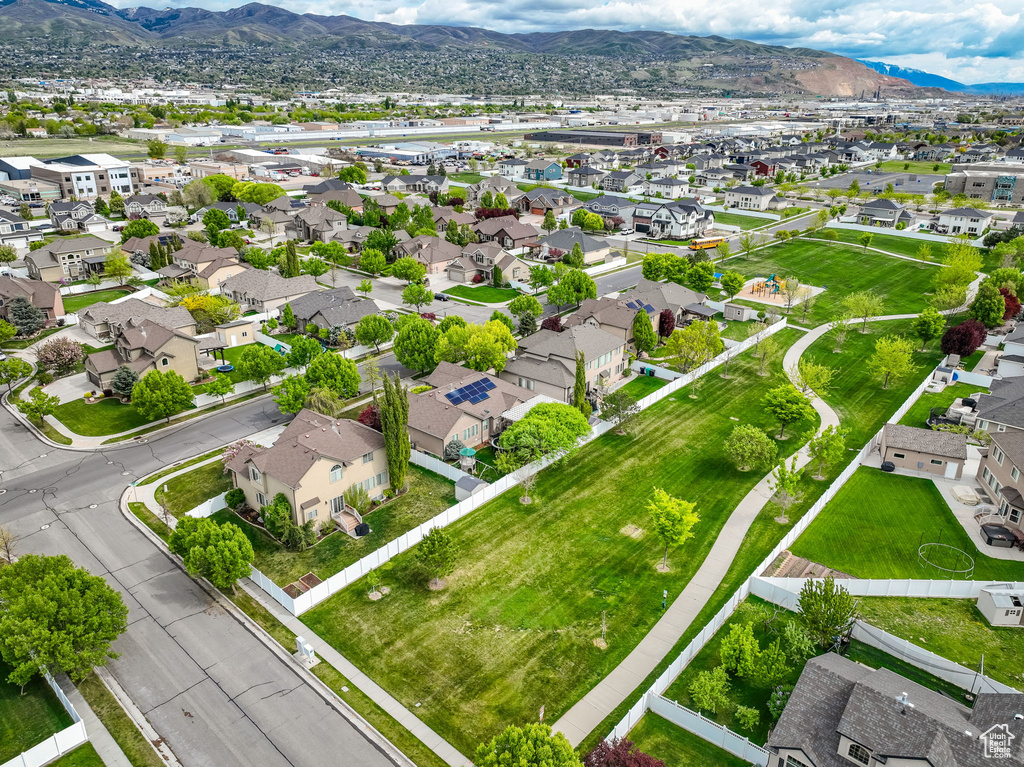 Drone / aerial view featuring a residential view and a mountain view