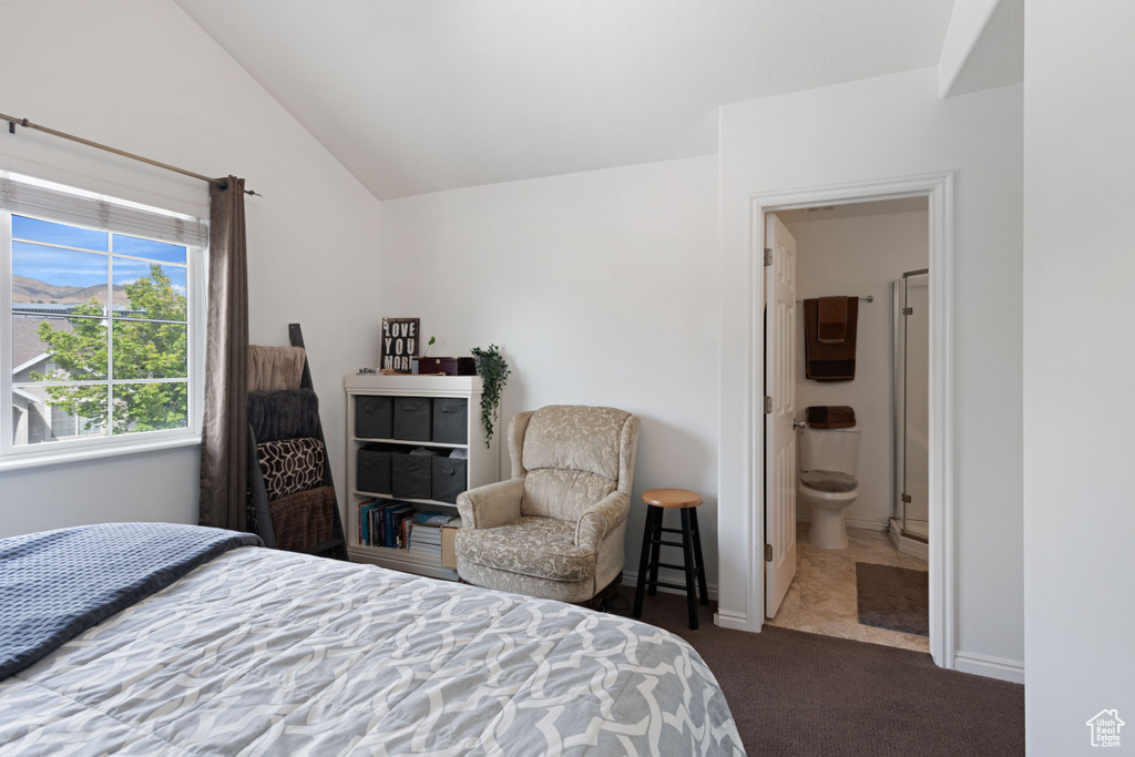 Bedroom featuring connected bathroom, lofted ceiling, and dark colored carpet