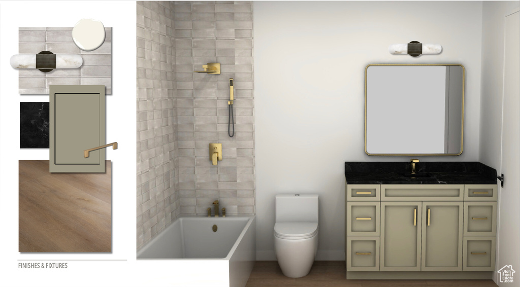 Bathroom featuring wood finished floors, vanity, baseboards, toilet, and tub / shower combination