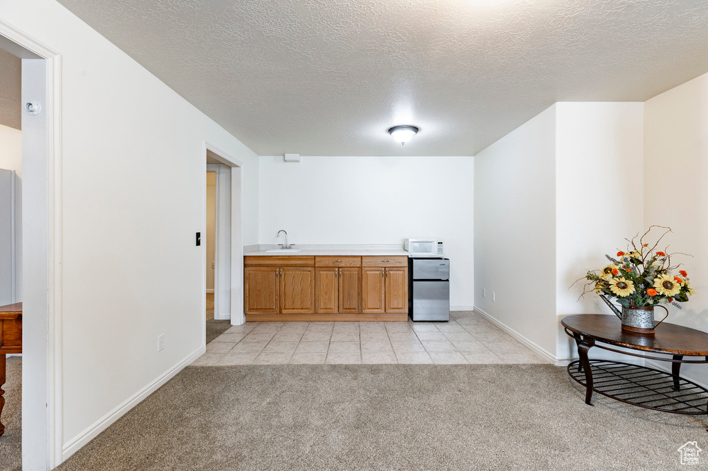 Kitchen featuring light colored carpet, a sink, light countertops, freestanding refrigerator, and white microwave