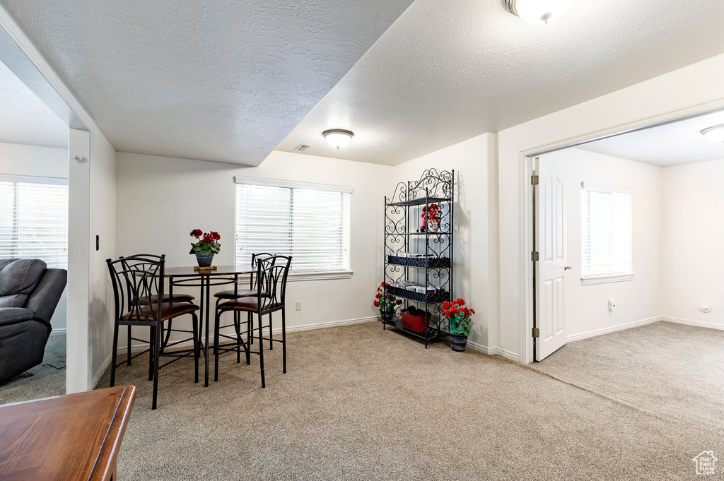 Dining room with baseboards, a textured ceiling, and carpet