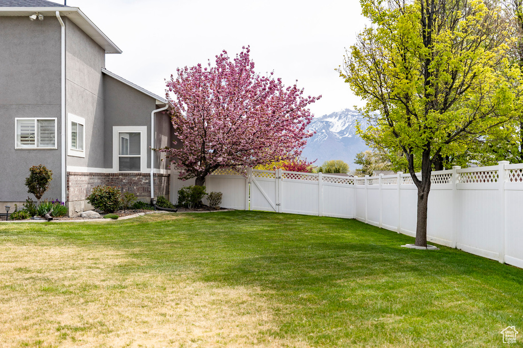 View of yard featuring a gate, a mountain view, and a fenced backyard