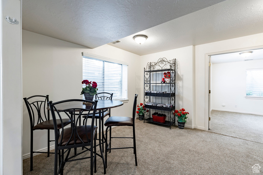 Carpeted dining space featuring a healthy amount of sunlight, a textured ceiling, and visible vents