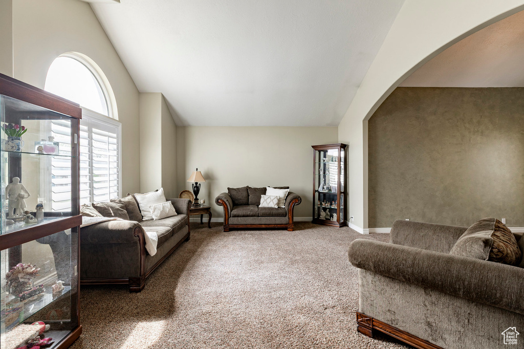 Carpeted living room with a healthy amount of sunlight, arched walkways, baseboards, and vaulted ceiling