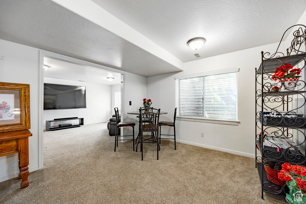 Dining area featuring carpet floors, a textured ceiling, and baseboards
