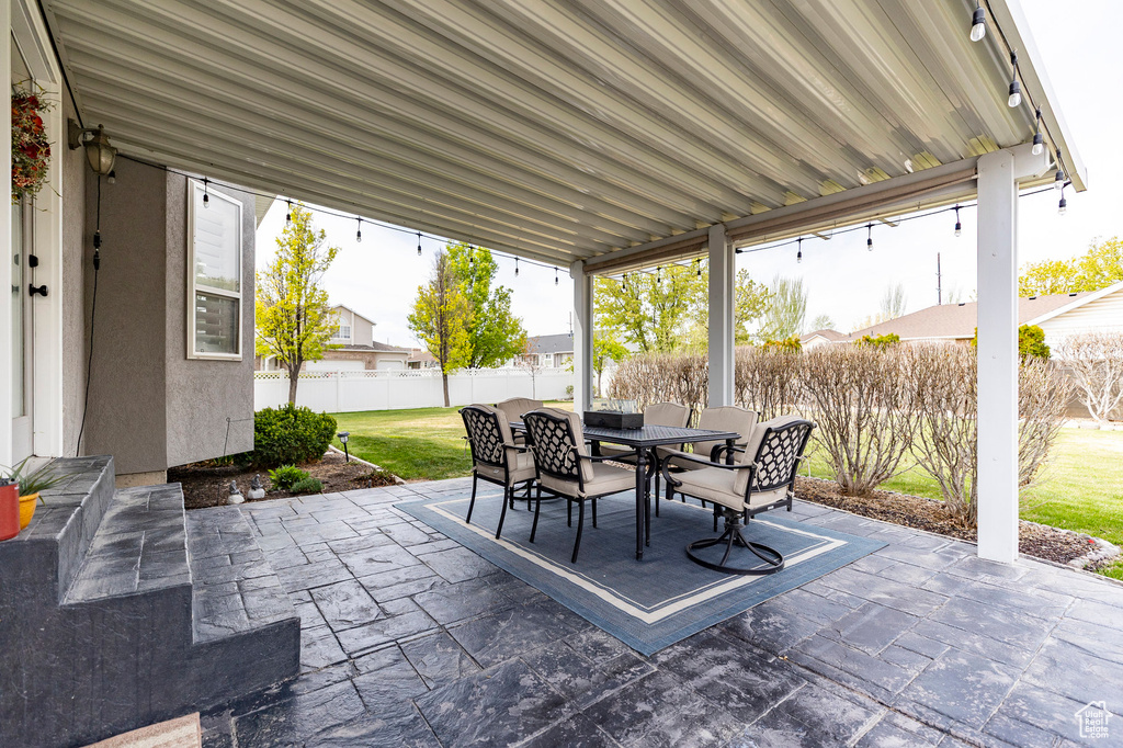 View of patio featuring a fenced backyard and outdoor dining space