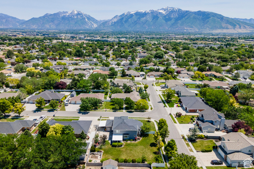 Aerial view of residential area with mountains