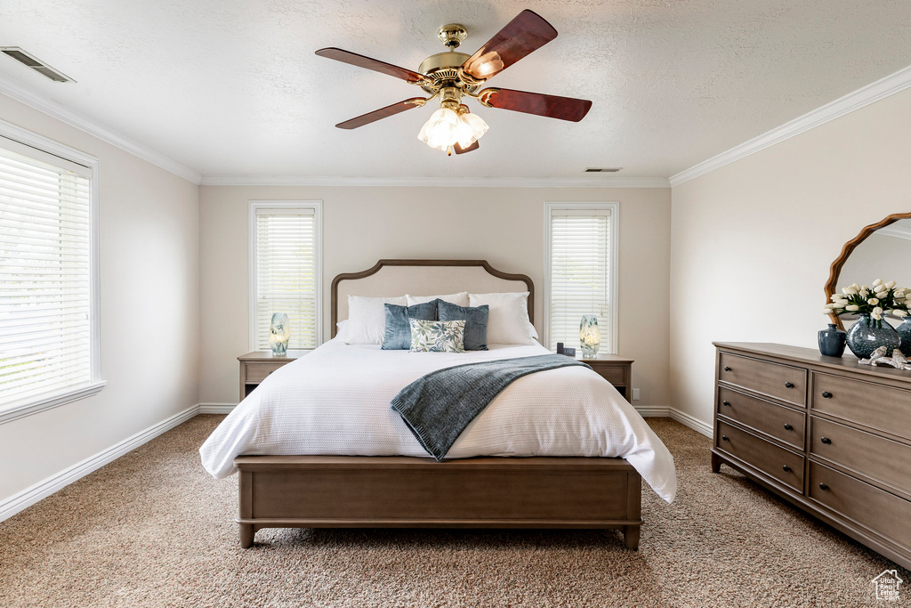 Bedroom with visible vents, light carpet, ornamental molding, and multiple windows