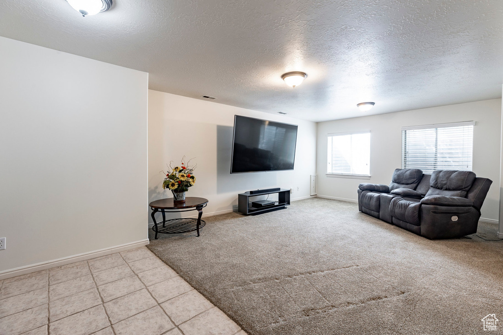 Living area with baseboards, carpet flooring, a textured ceiling, and tile patterned floors