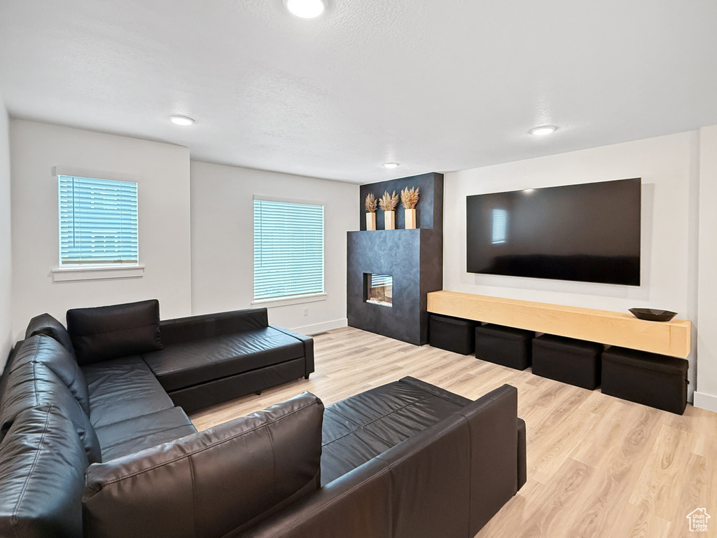Living room with a glass covered fireplace, plenty of natural light, and wood finished floors