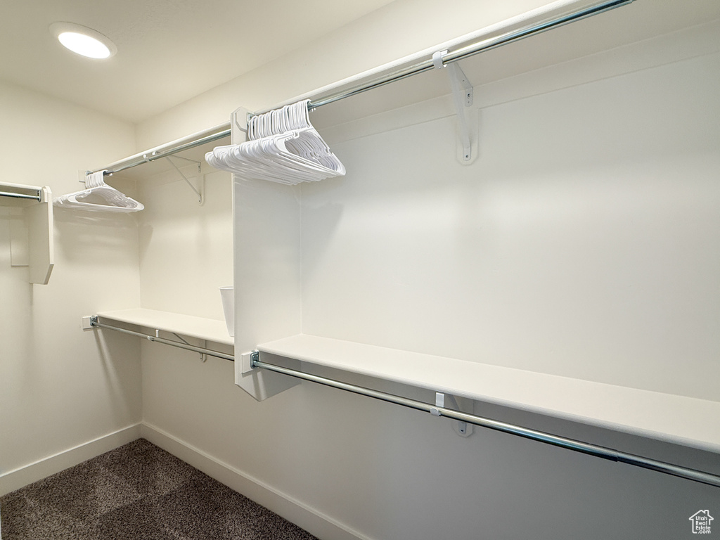 Walk in closet featuring dark carpet