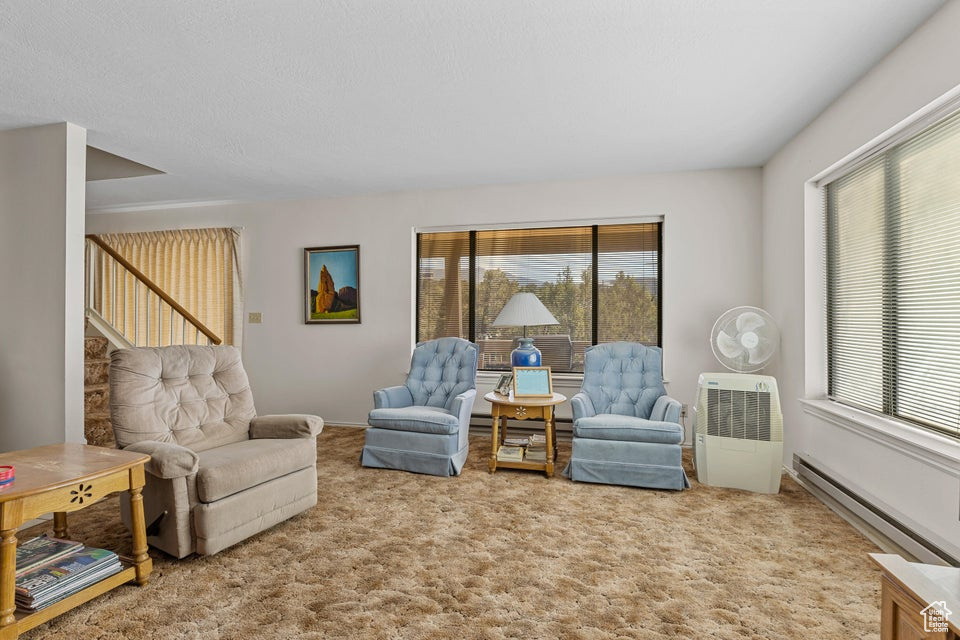 Living area with carpet floors, a healthy amount of sunlight, and baseboard heating