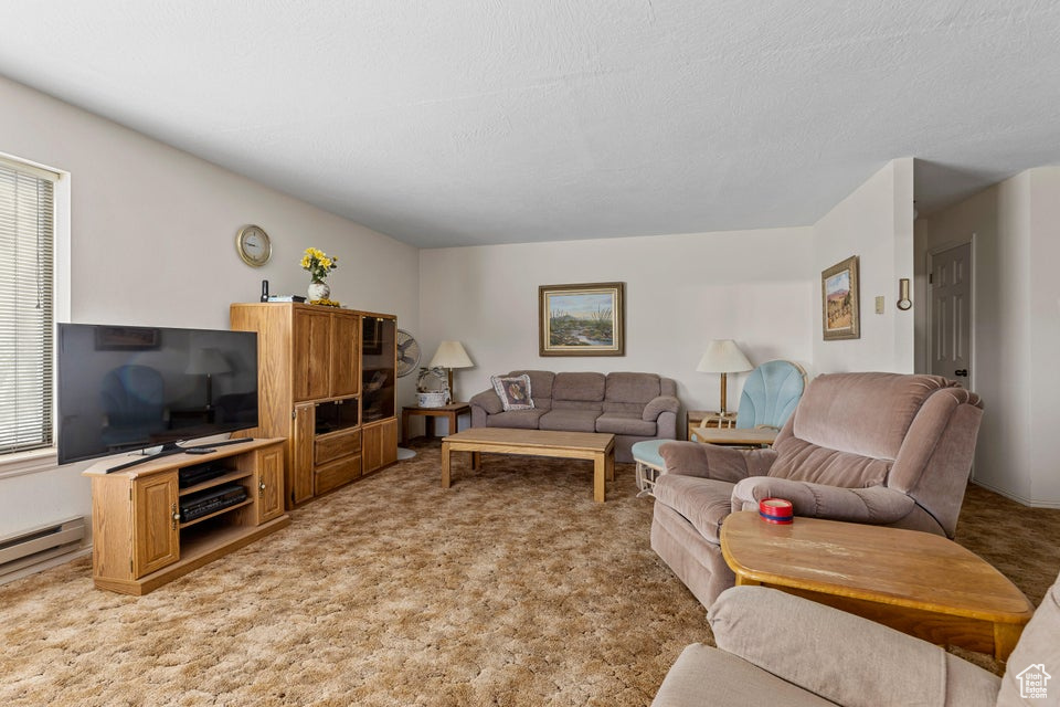 Living area with light colored carpet, a baseboard heating unit, and a wealth of natural light