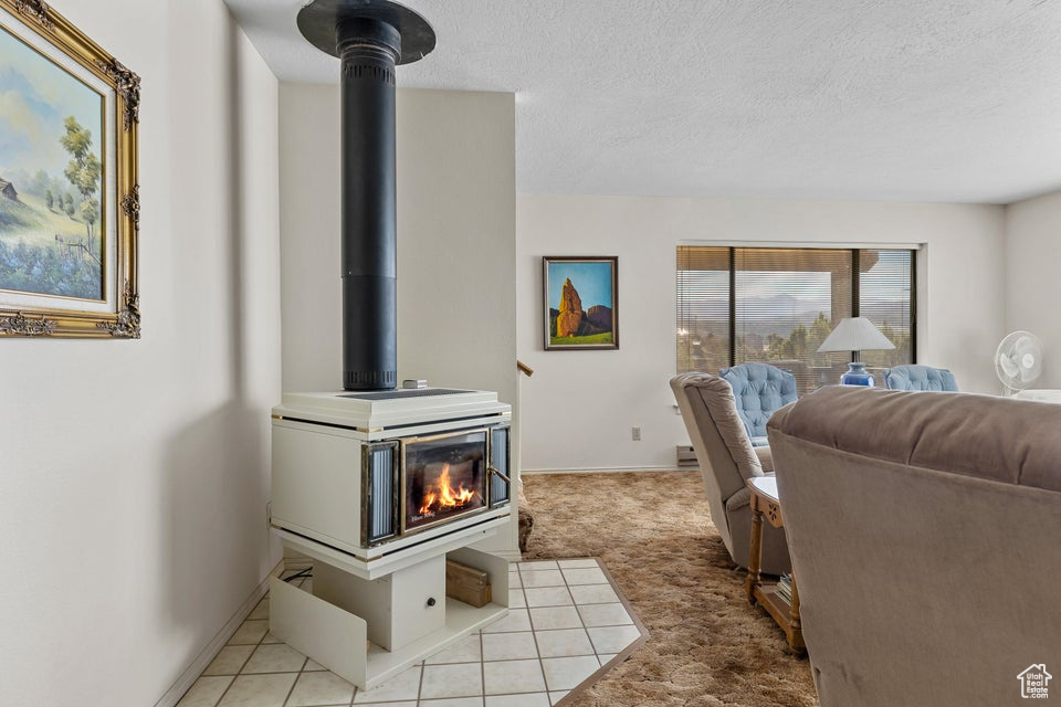 Living room featuring a textured ceiling, light carpet, baseboards, and a wood stove