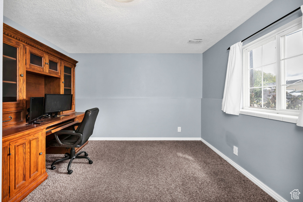 Carpeted home office with a textured ceiling, visible vents, and baseboards