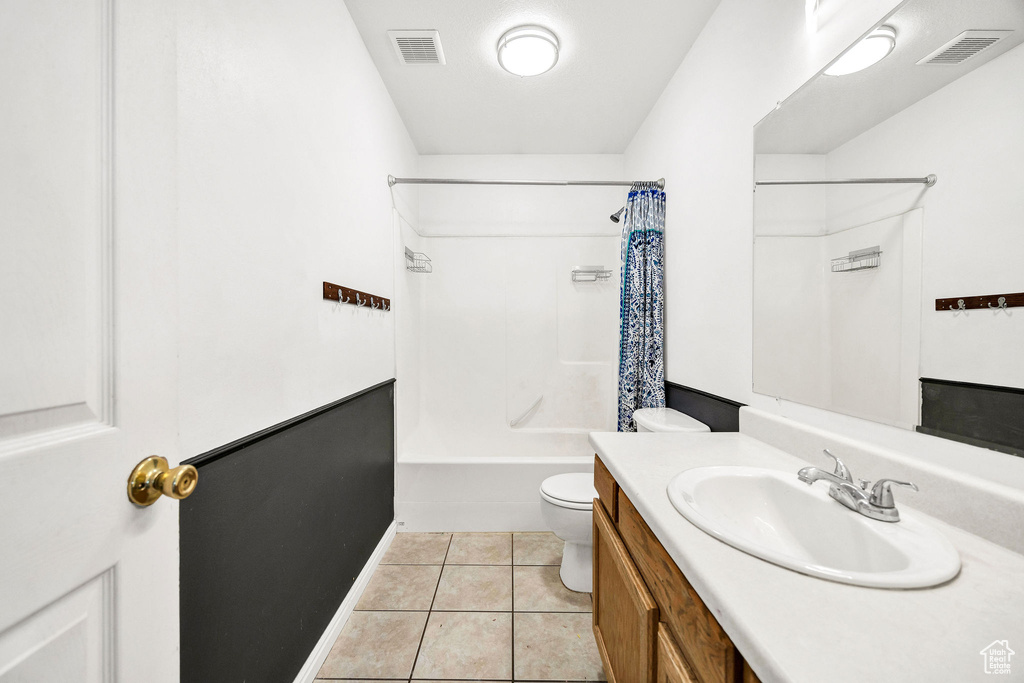 Bathroom with visible vents, tile patterned flooring, toilet, and vanity