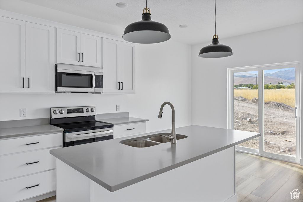 Kitchen featuring appliances with stainless steel finishes, hanging light fixtures, white cabinets, and a sink