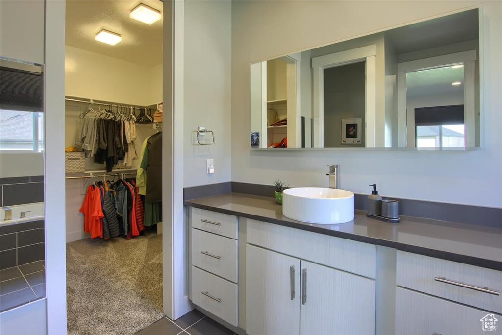 Bathroom with plenty of natural light, a walk in closet, and vanity