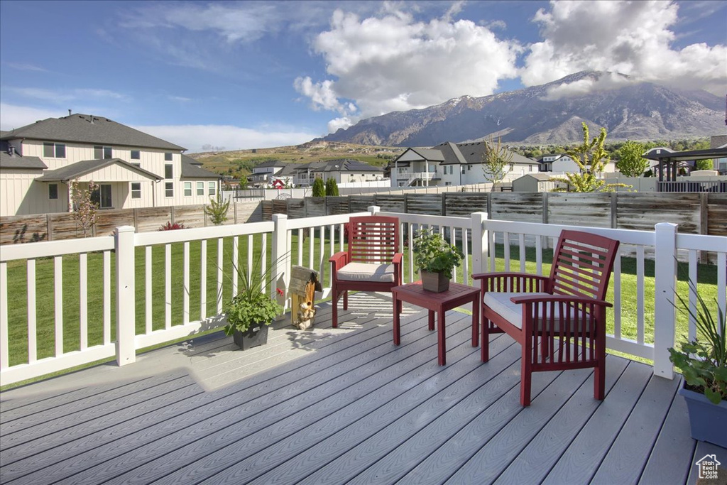 Deck with a fenced backyard, a mountain view, a yard, and a residential view