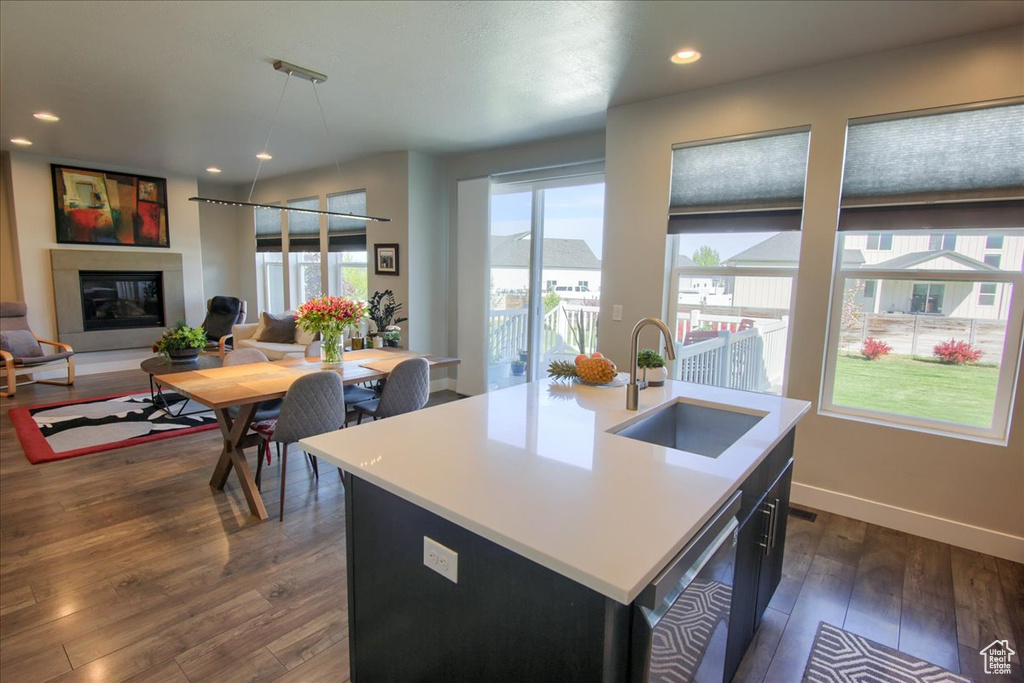 Kitchen featuring a glass covered fireplace, dark wood-style floors, light countertops, a sink, and dishwasher