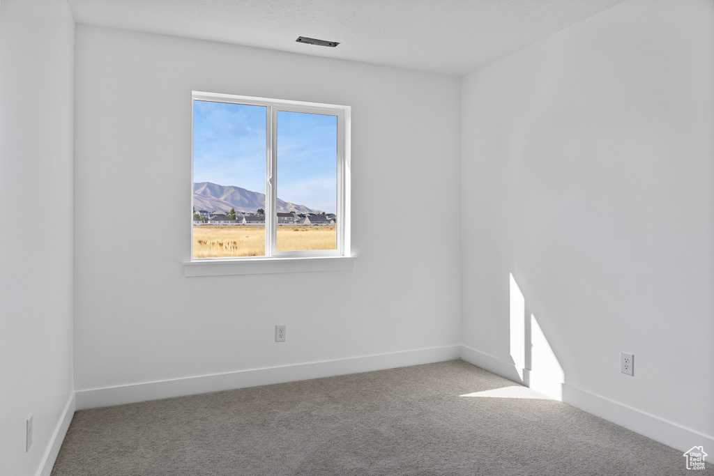 Empty room with baseboards, visible vents, carpet floors, and a mountain view