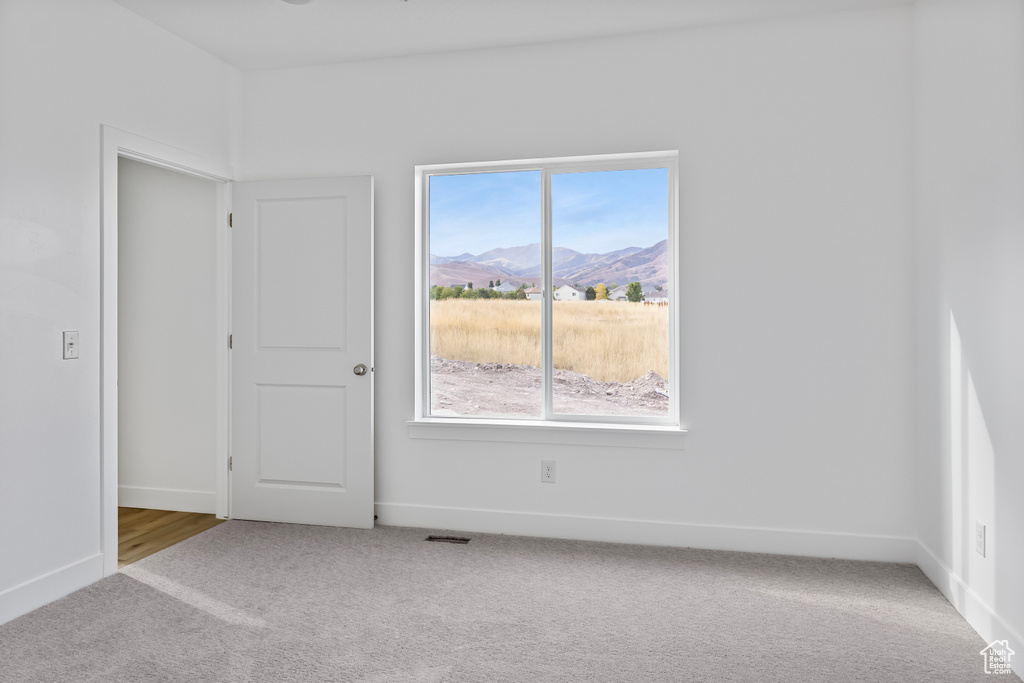 Carpeted spare room with baseboards, a wealth of natural light, and a mountain view