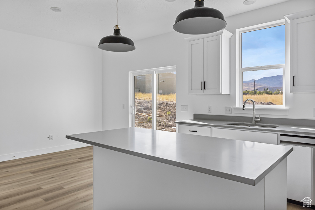 Kitchen featuring light wood finished floors, a sink, pendant lighting, stainless steel dishwasher, and white cabinets