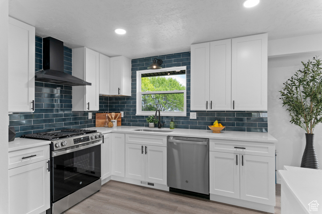 Kitchen with wall chimney range hood, appliances with stainless steel finishes, a sink, and light countertops