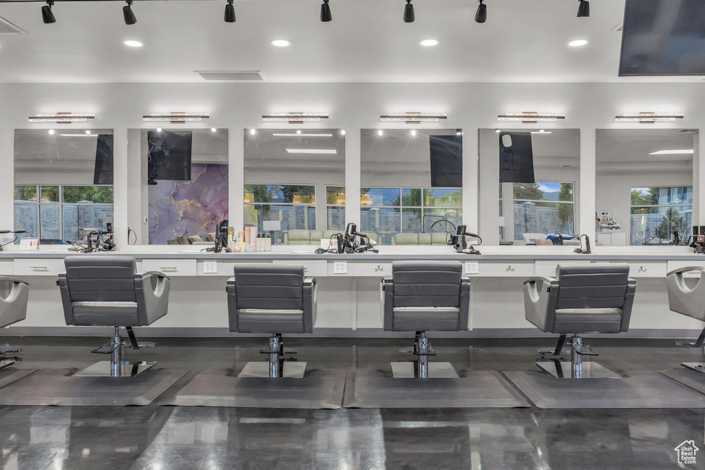 Interior space featuring recessed lighting and visible vents