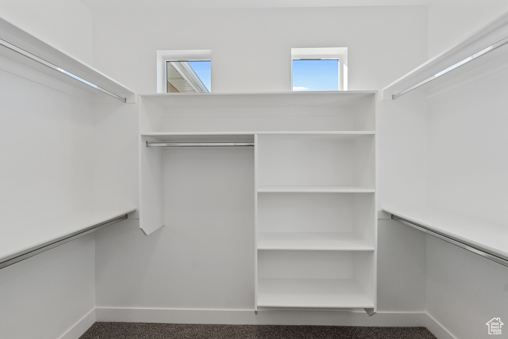 Walk in closet featuring dark carpet