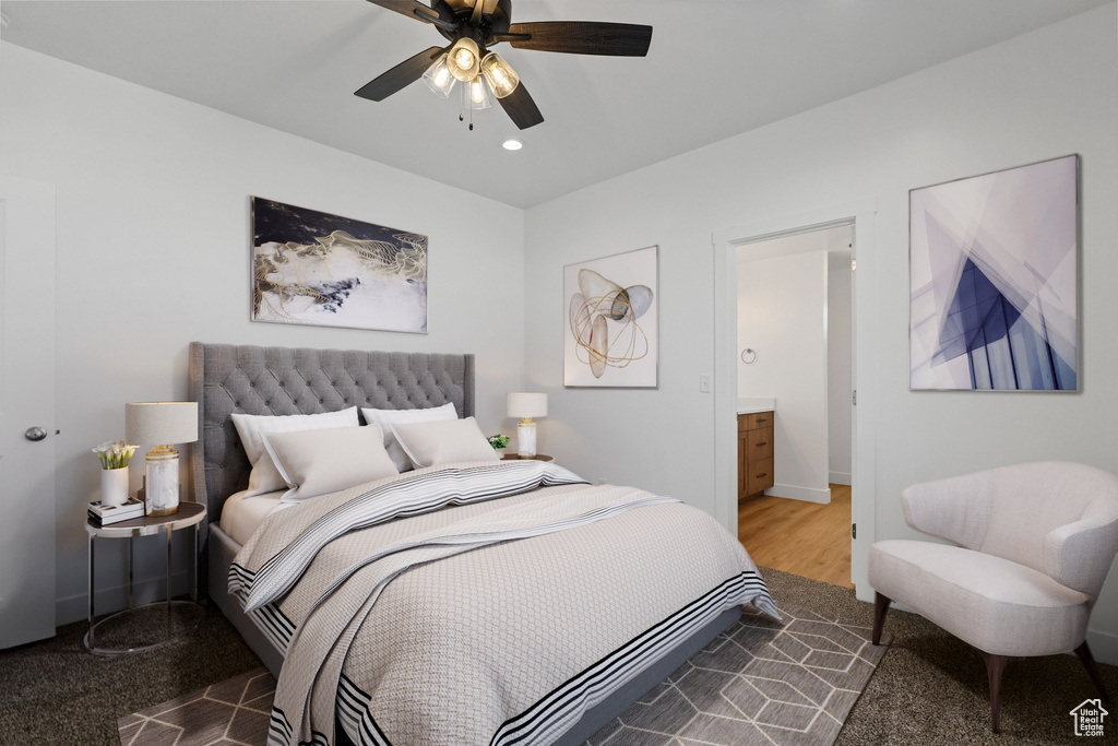 Bedroom featuring recessed lighting, ceiling fan, and wood finished floors