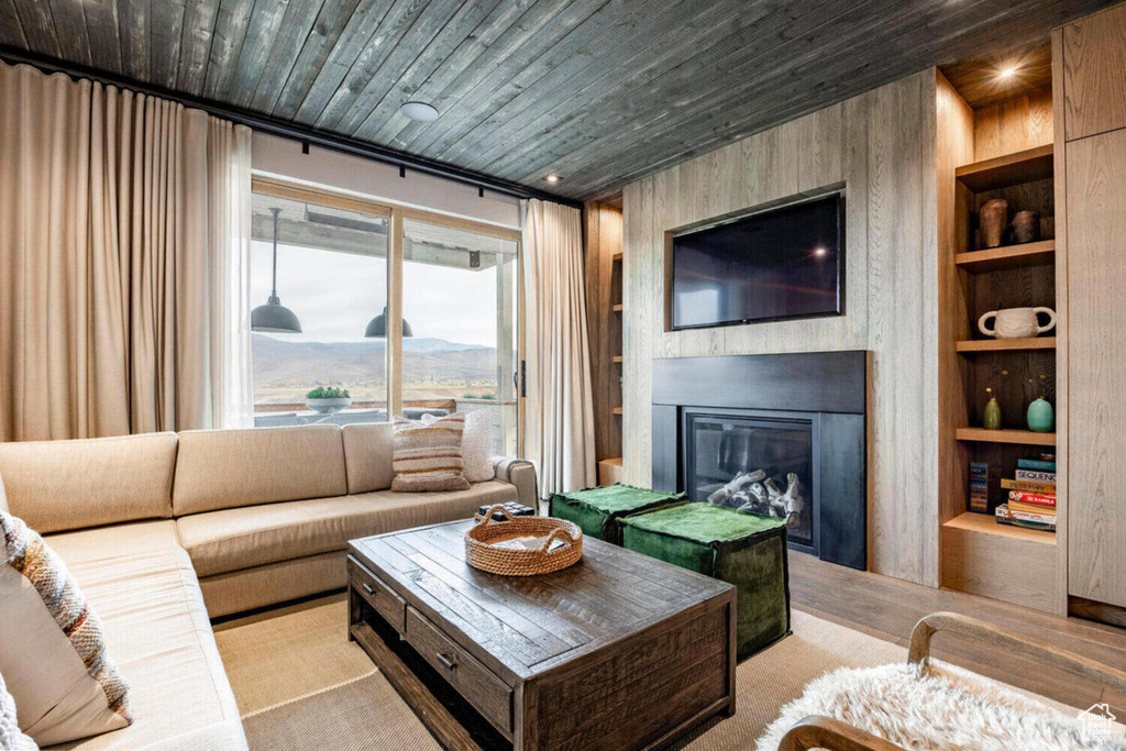 Living area featuring carpet, wooden ceiling, built in shelves, and a large fireplace
