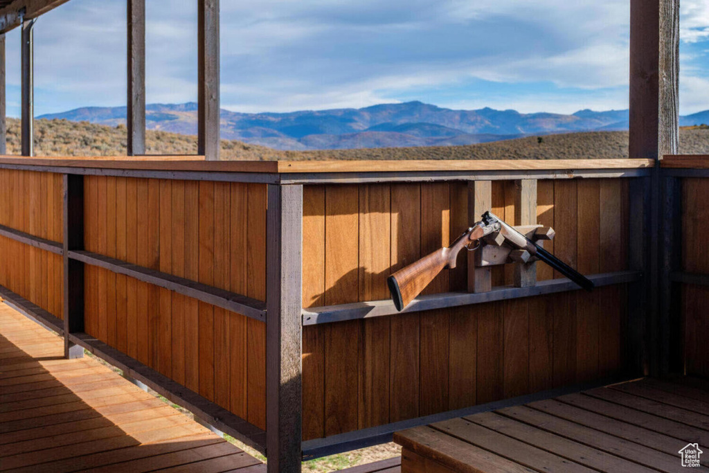 View of stable with a mountain view