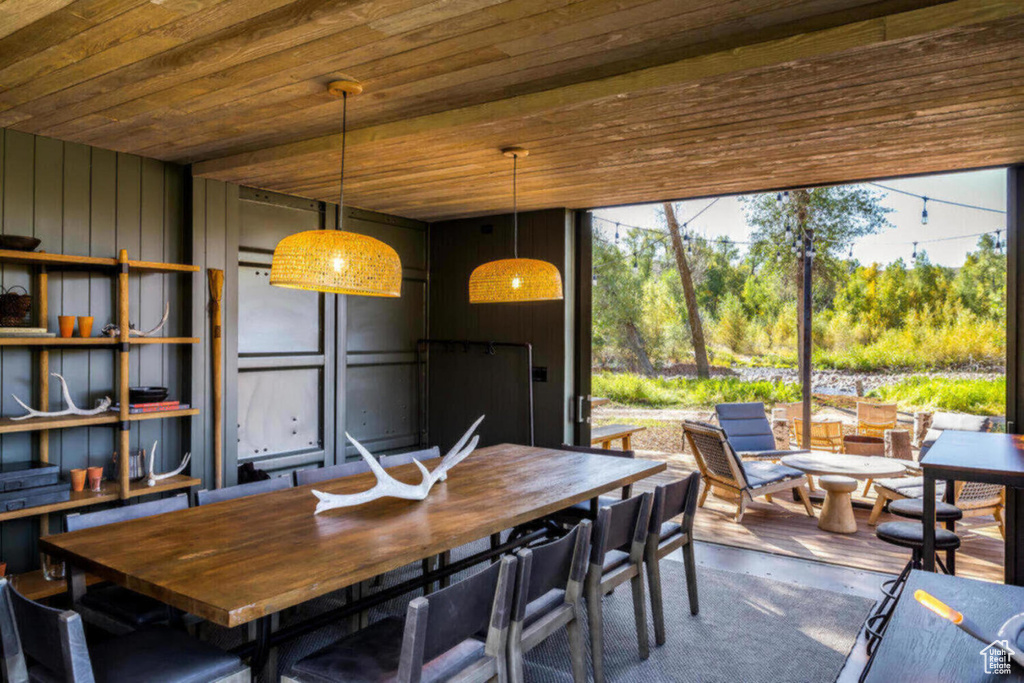 Dining space featuring wood ceiling and wooden walls